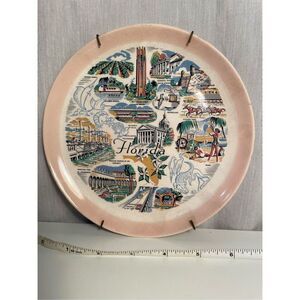 Souvenir China Plate- Sanders Mfg Co -Pink Florida Landmarks w/Plate Hanger